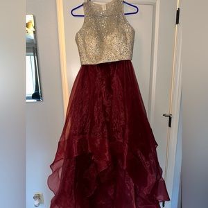 Maroon/ gold/ prom dress/ two peace